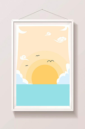 手绘卡通大海太阳海鸥天空图片