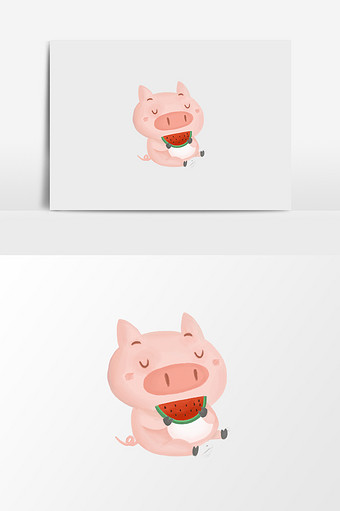 手绘卡通吃西瓜的小猪图片