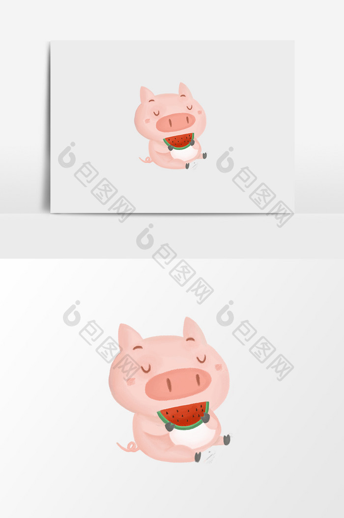 手绘卡通吃西瓜的小猪