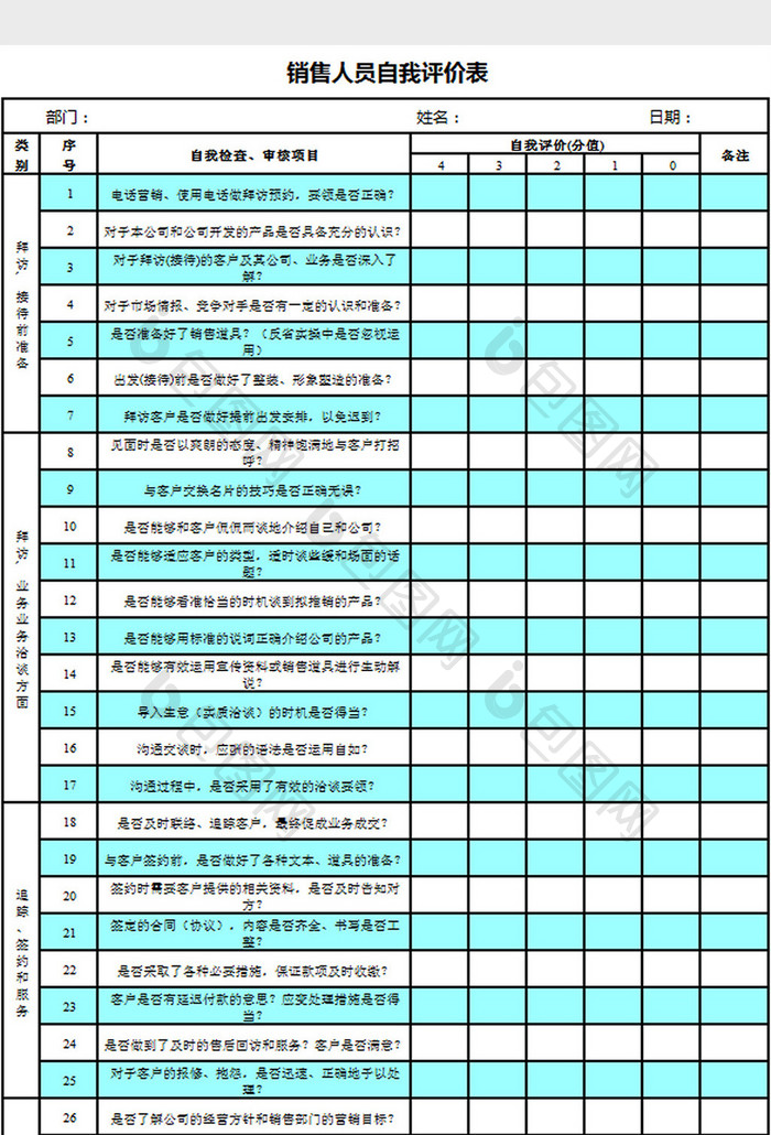 销售人员自我评价表excel模板