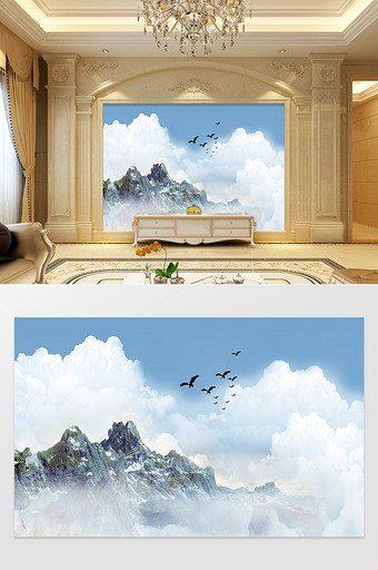 高清3D大理石纹山水花日出背景墙山九州翱图片