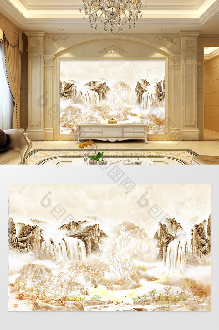 高清3D大理石纹山水花日出背景墙山水风光图片图片