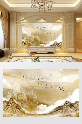 高清3D大理石纹山水花日出背景墙泰山北斗图片