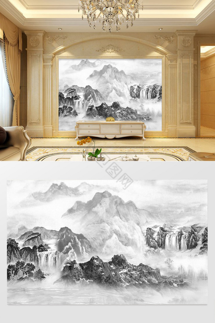 高清3D大理石纹山水花日出背景墙溪山风情图片