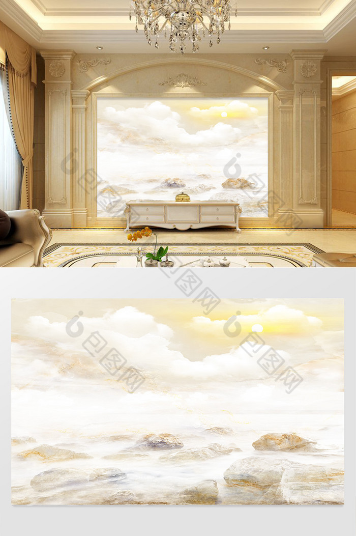 高清3D大理石纹山水花日出背景墙秀水石海图片图片