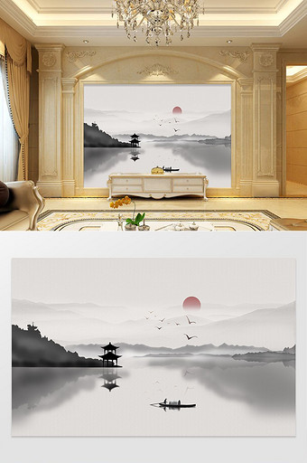新中式古风文化意境抽象艺术山水电视背景墙图片