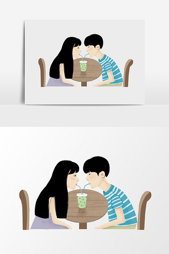 手绘卡通情侣喝饮料图片