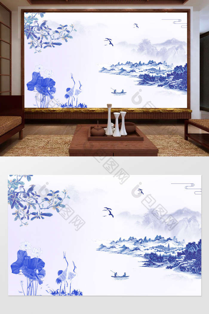 中国风新中式蓝色水墨山水电视背景墙