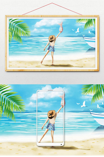 唯美巴厘岛海滩风景夏季女招手海鸥手绘插画图片
