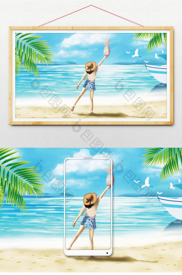 唯美巴厘岛海滩风景夏季女招手海鸥手绘插画