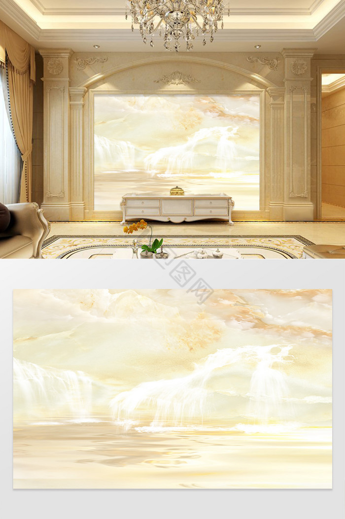 高清3D大理石纹山水花日出背景墙清水流沙图片