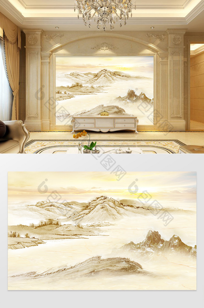 高清3D大理石纹山水花日出背景墙日出雾海图片图片