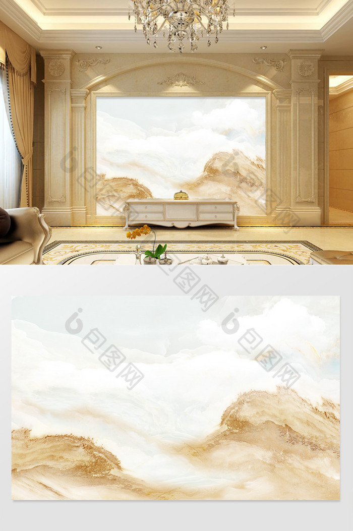 高清3D大理石纹山水花日出背景墙日新月异图片图片