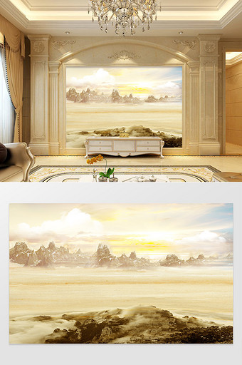 高清3D大理石纹山水花日出背景墙云海对望图片