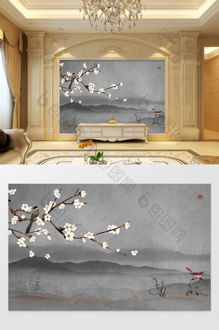 中式花鸟山水电视背景墙设计