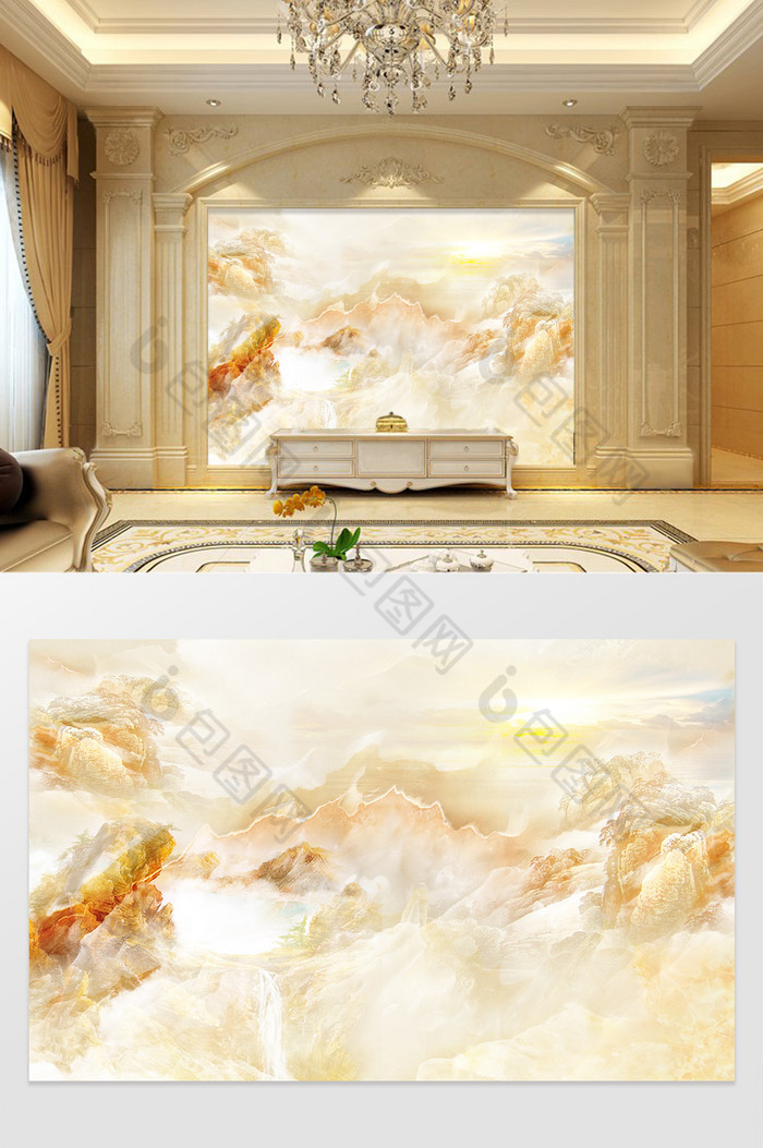 高清3D大理石纹山水花日出背景墙云水荡漾图片图片