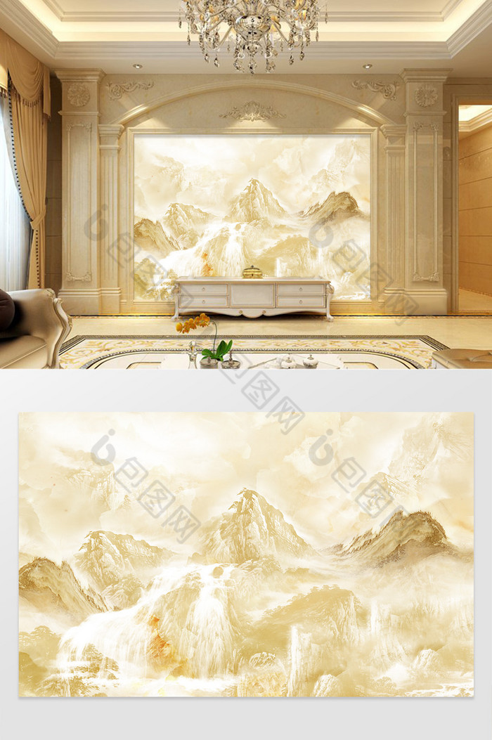 高清3D大理石纹山水花日出背景墙云天水瀑图片图片