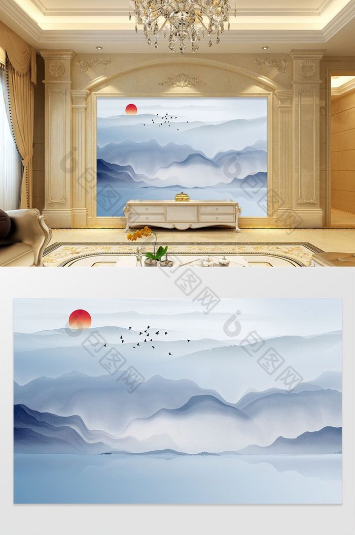 新中式飞鸟徽式山水背景墙