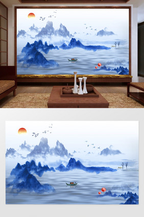 新中式水墨画山水背景墙