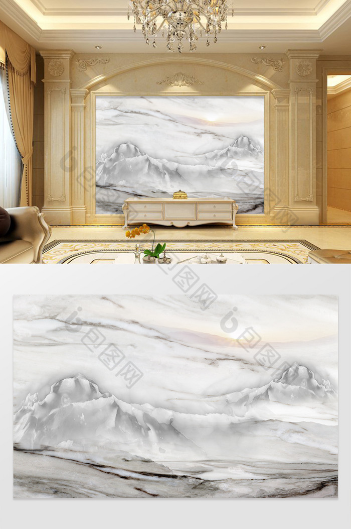 高清3D大理石纹山水花日出背景墙林山印象图片图片