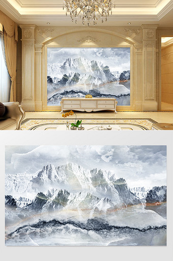 高清3D大理石纹山水花日出背景墙蓝山印象图片
