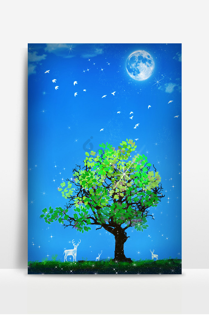 纯插画梦幻月夜下的麋鹿与树图片