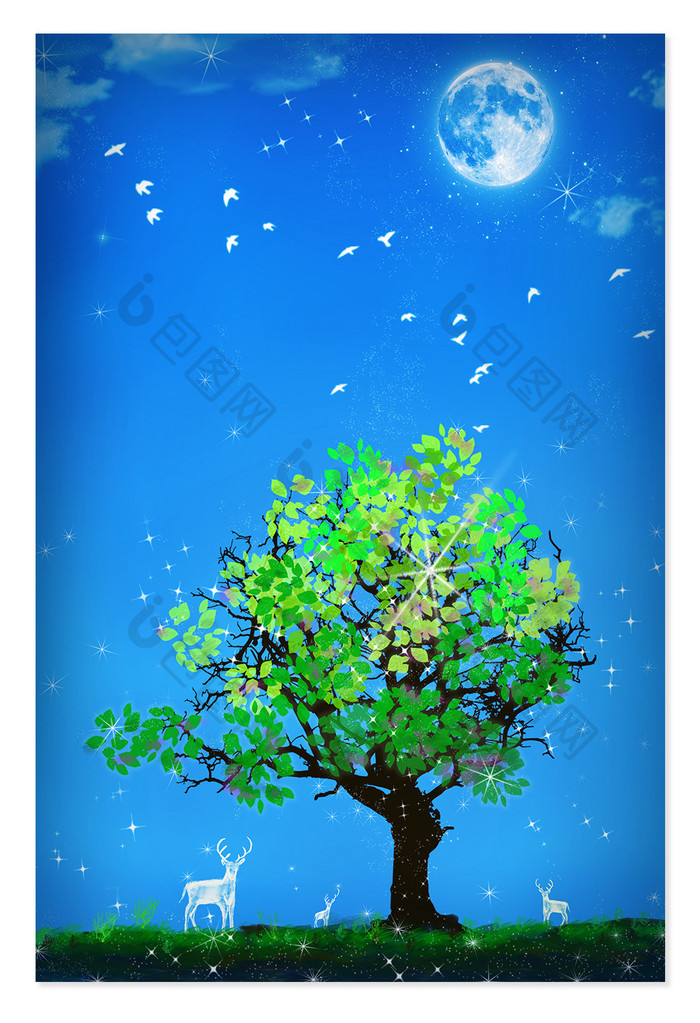 纯手绘插画梦幻唯美月夜下的麋鹿与树背景