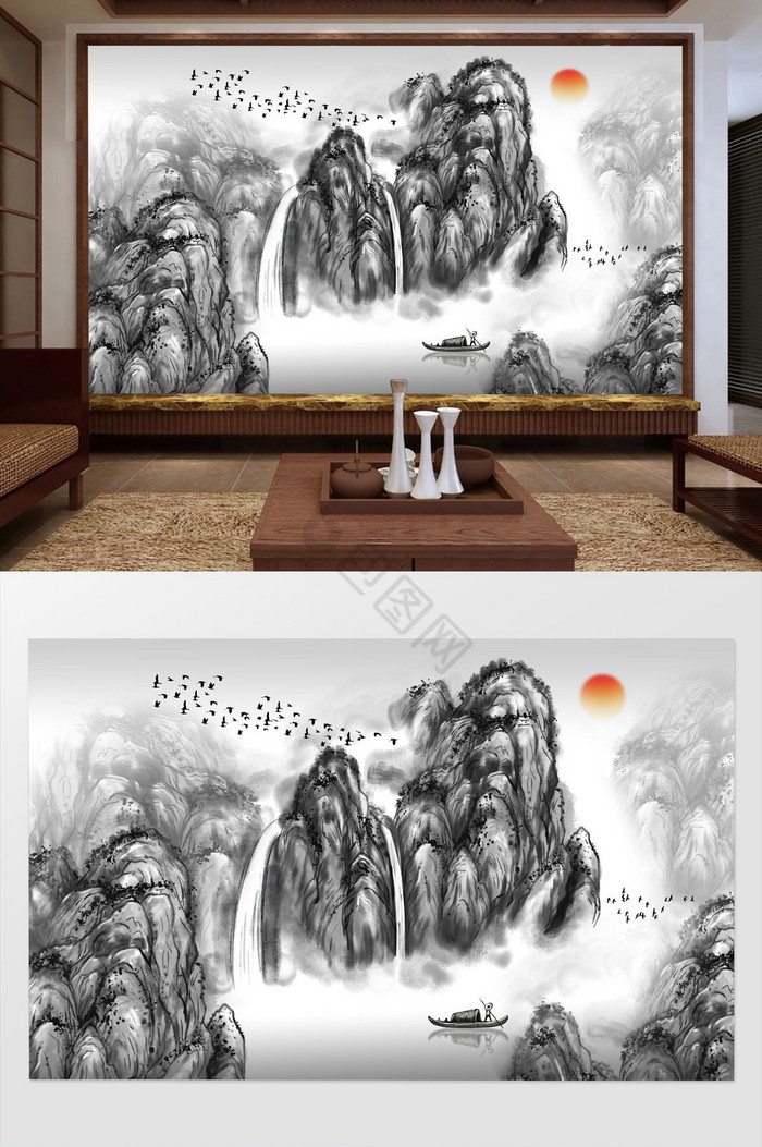 中式水墨山水画装饰背景墙图片