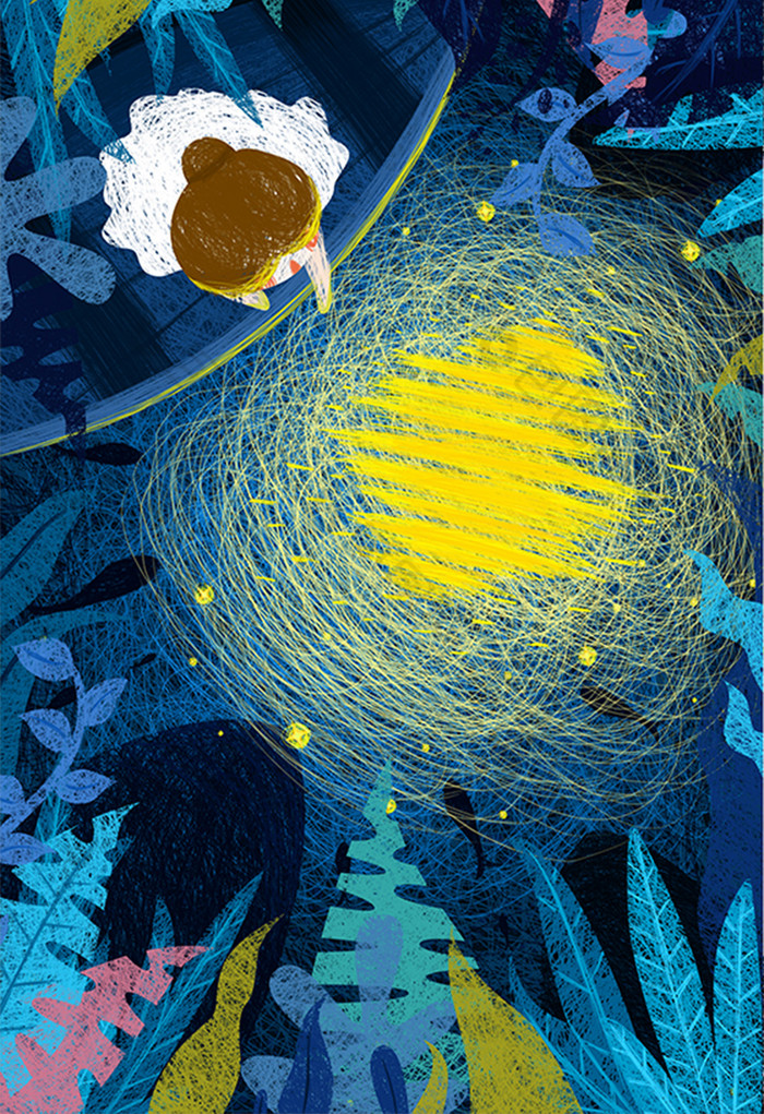 梦幻治愈晚安线圈印象水中月亮插画