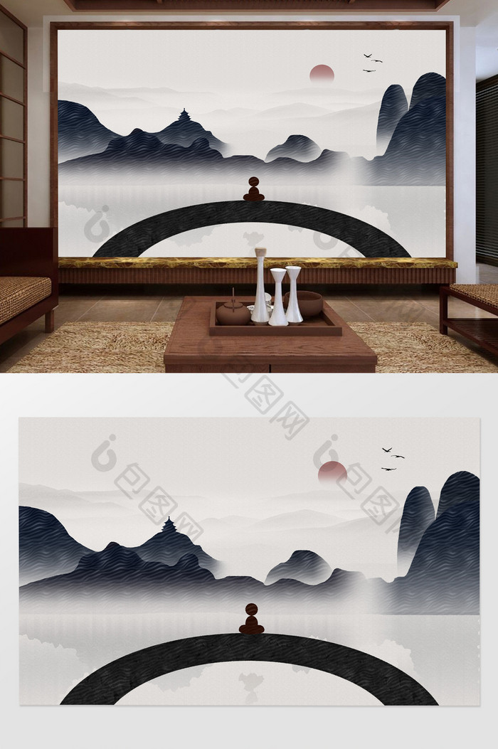 创意中国风水墨禅意山水电视背景墙