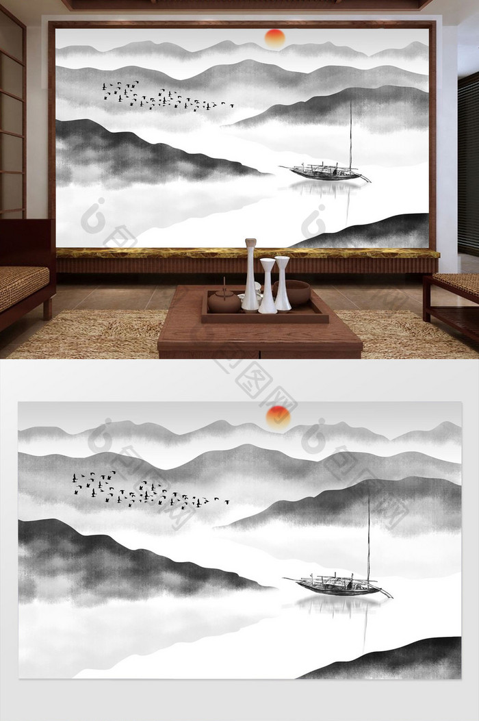 新中式墨山水画装饰背景墙