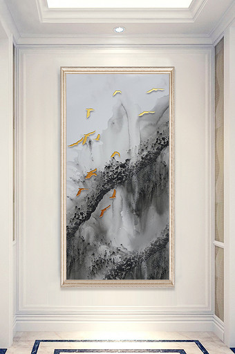 新中式水墨风浮雕抽象山水飞鸟玄关装饰画图片