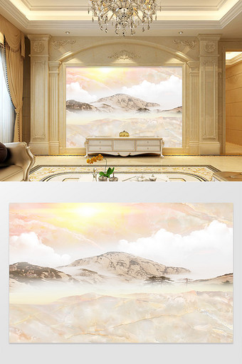 高清3D大理石纹山水日出背景墙山间日出图片