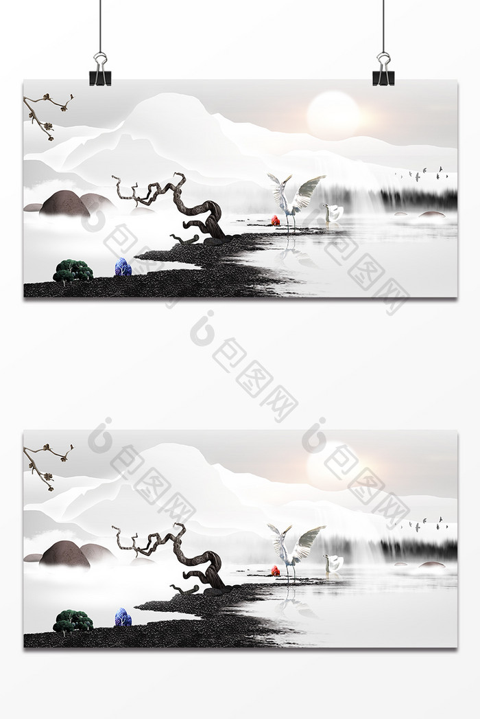 中国风水墨山水画海报设计背景图