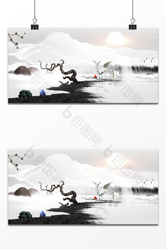 中国风水墨山水画海报设计背景图图片
