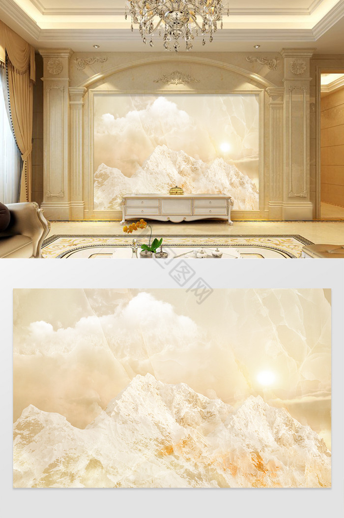 高清3D大理石纹山水花日出背景墙山顶云光图片