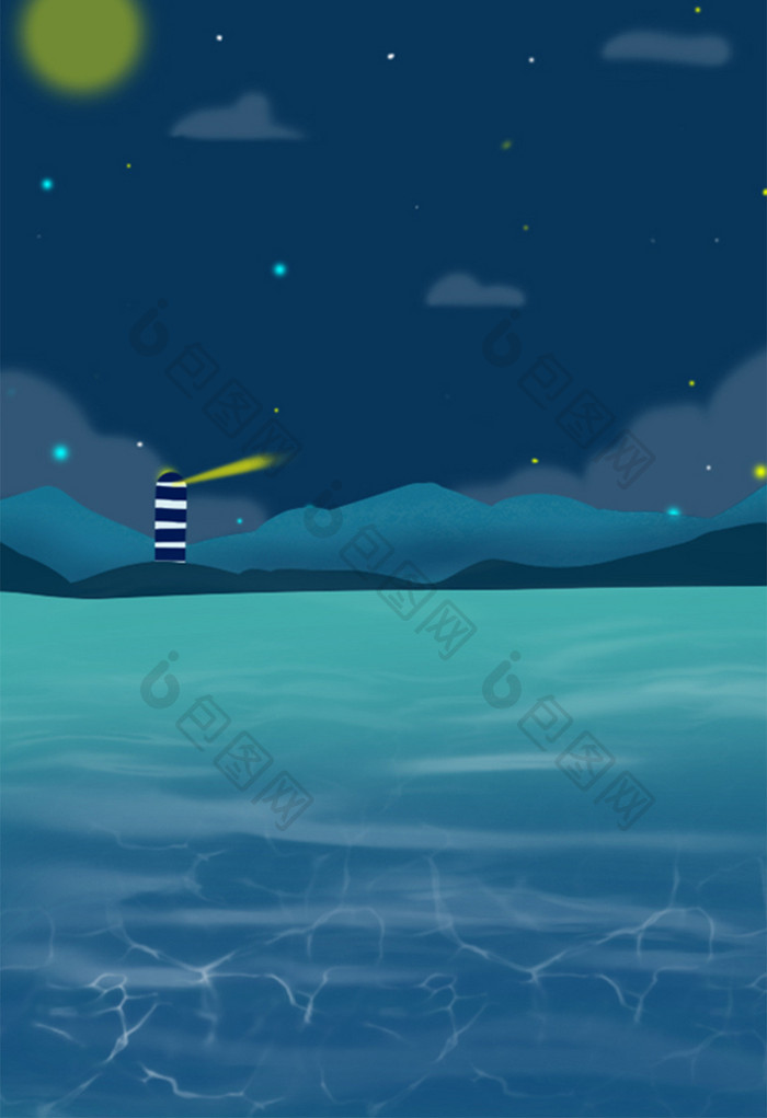 唯美静谧夜晚海洋蓝色插画背景