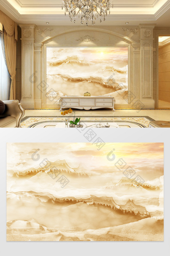 高清3D大理石纹山水花日出背景墙云海朝阳图片图片