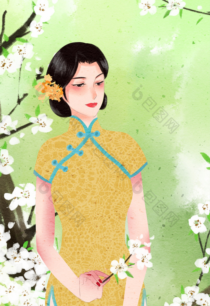 清新唯美中国风民国女性身着旗袍插画