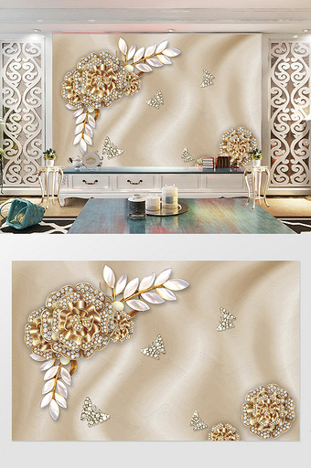 3d金色镶钻珠宝花朵枝叶背景墙图片