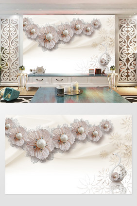 3d立体珍珠花朵瓷天鹅背景墙