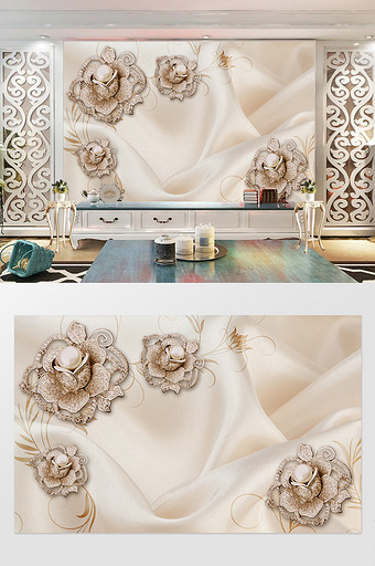 3d立体珍珠金色花朵白绸背景墙图片