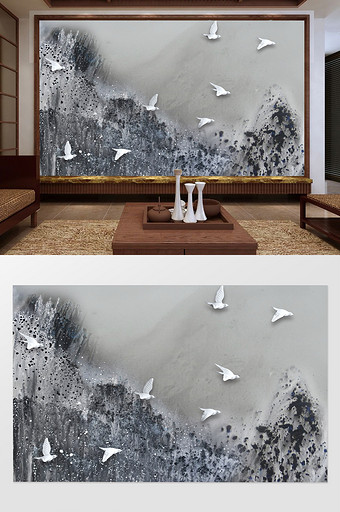 新中式抽象浮雕山川飞鸟电视背景墙图片