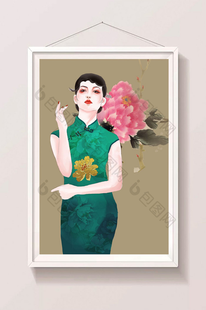 绿色中国风民国旗袍女人插画