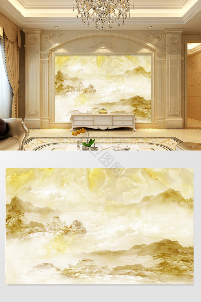 高清3D大理石纹山水花日出背景墙云海重重图片