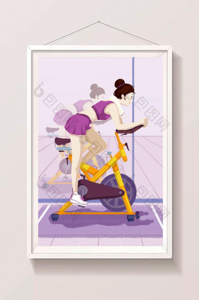 紫色清新动感单车健康生活插画