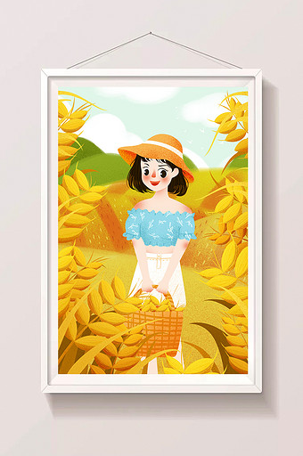 黄色唯美二十四节气芒种麦田丰收夏季插画图片