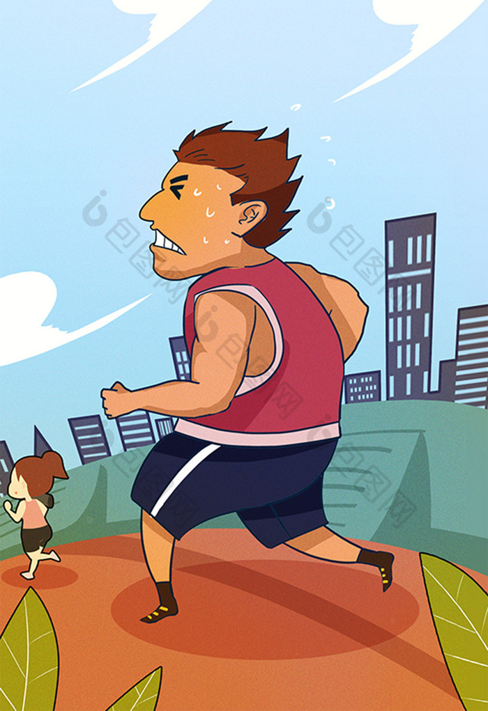 卡通风格跑步长跑马拉松比健身锻炼漫画插画