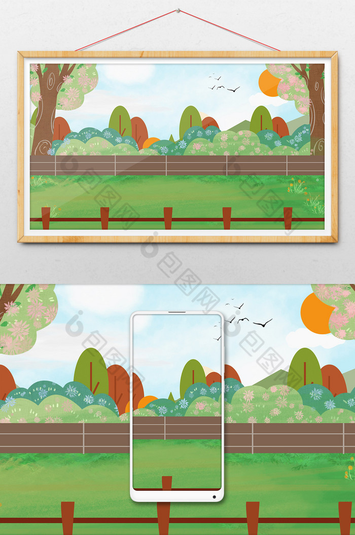 树木卡通栅栏图片