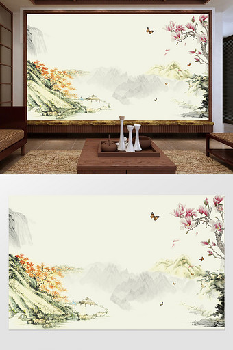 中式山水鸟语花香电视背景墙图片